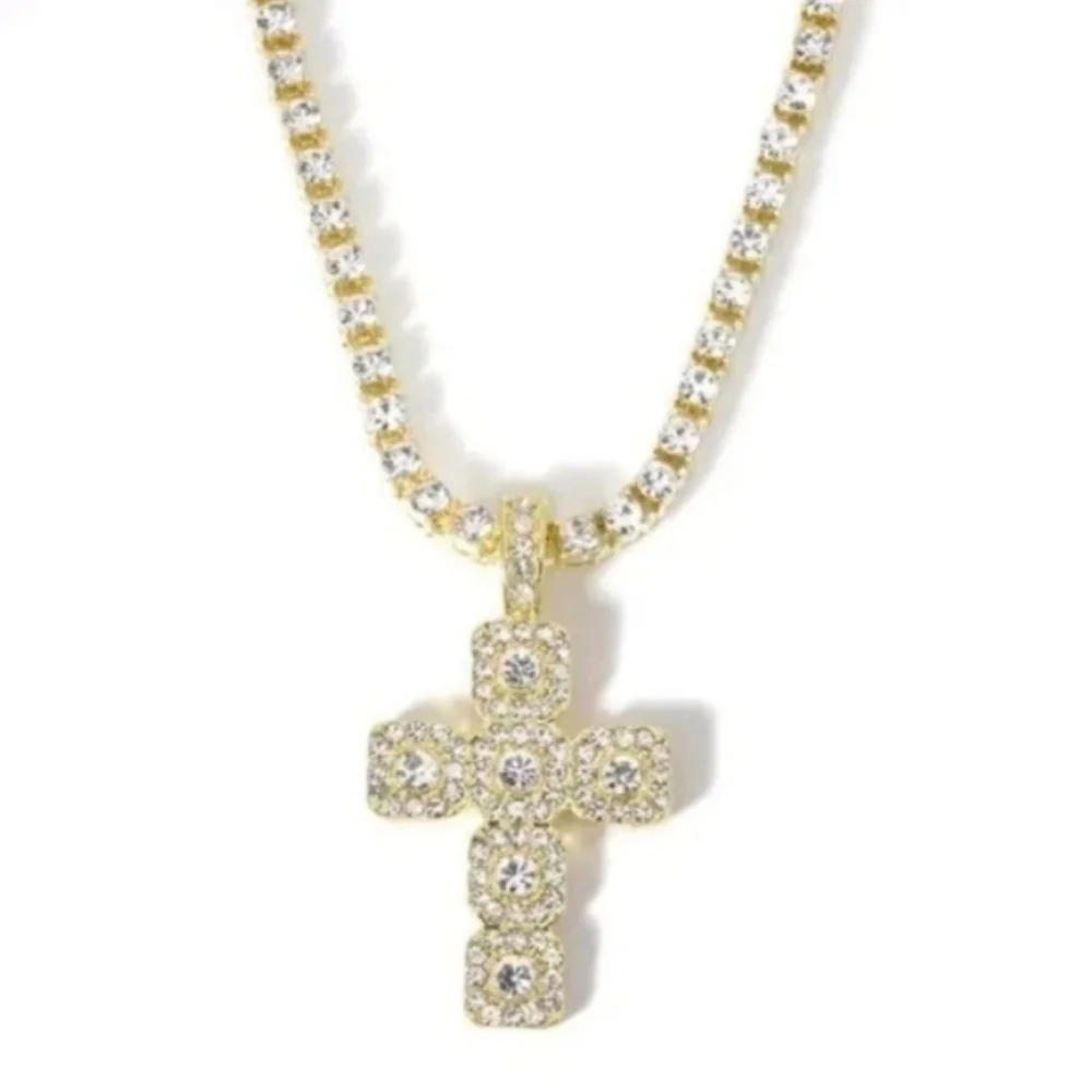 14k Yellow Gold Plated Lab Created Diamond Cross Pendant Tennis Necklace